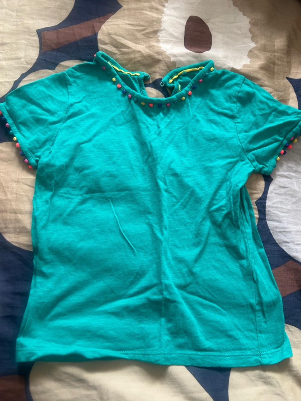 Mini Boden Teal Short Sleeve Tee with Multicolor Pom Trim